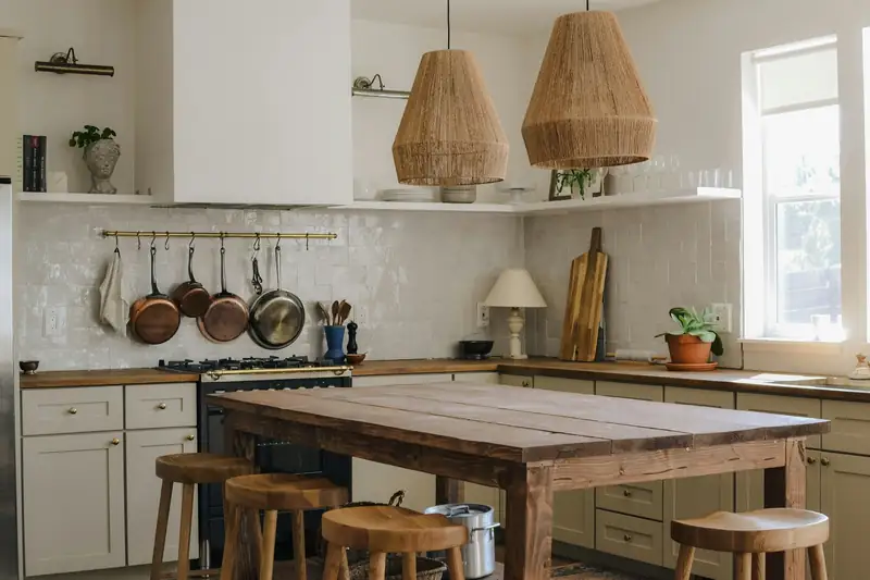 Cuisine rénovée : grande table en bois massif, faïence blanche et suspensions en osier