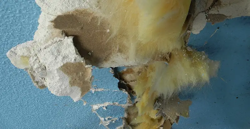 Plafond crevé laissant voir une laine de verre jaunie