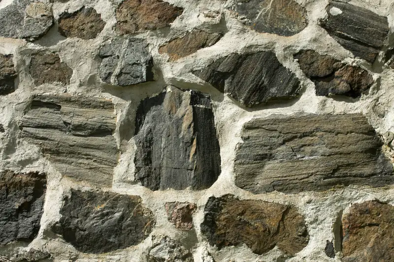 Mur ancien en moellons de pierre sombre, joints au mortier clair