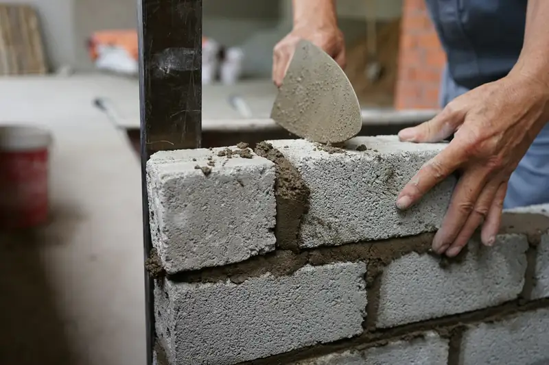 Montage d’un mur en blocs béton : le mortier est étalé à la truelle
